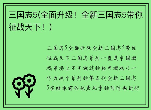 三国志5(全面升级！全新三国志5带你征战天下！)